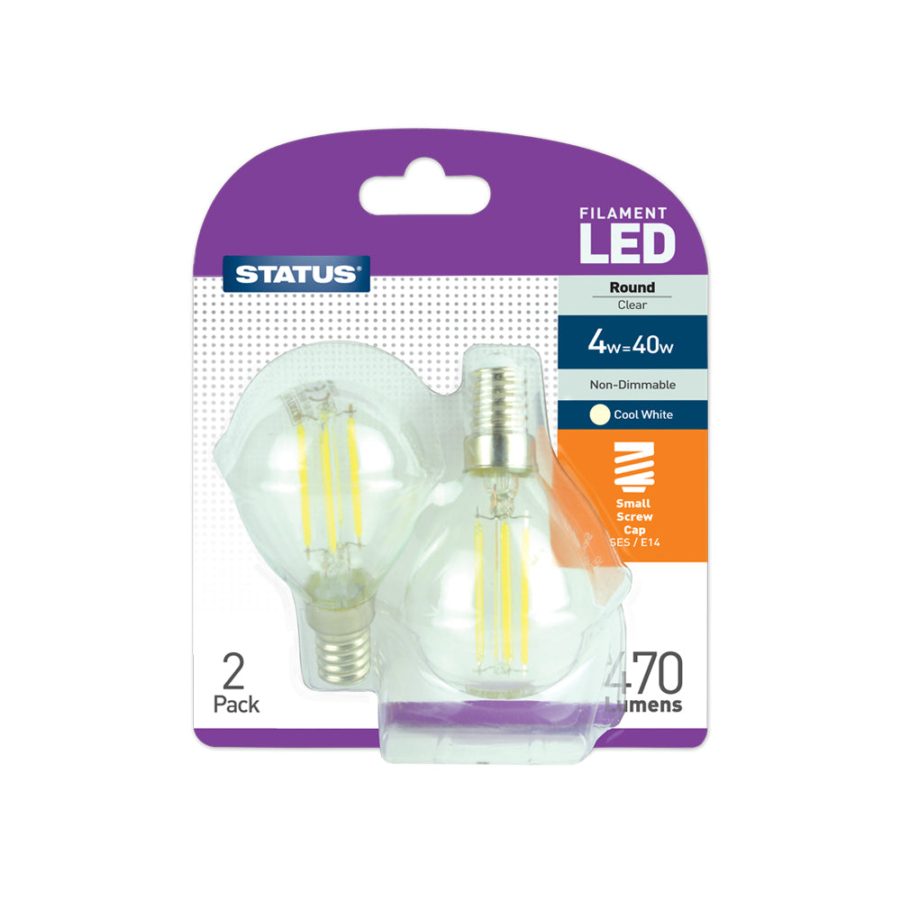 4w = 40w = 470 lumens - Filament LED - Round - SES Clear - Cool White - 2 pk - in a Trapped Blister