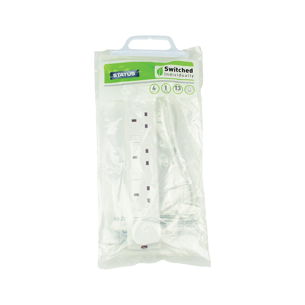 4 way - 1 Mtr - Extension Socket - Individually Switched - White - Neon Indicator - Plug - 1 pk - in Poly Bag with Handle