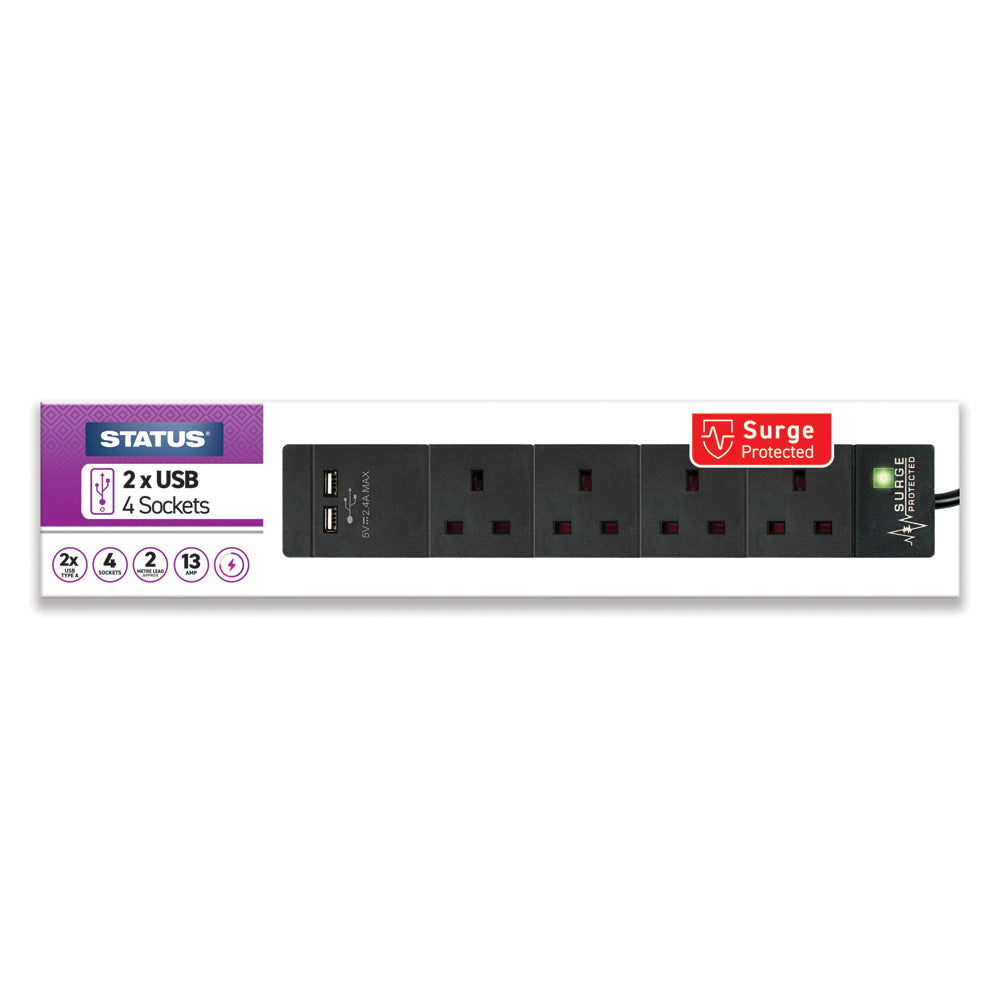 4 way - 2 Mtr - Extension Socket - Black - 2 x USB Charging Port - Surge Protected - Neon Indicator - Plug - 1 pk - in a Glossy Retail Box