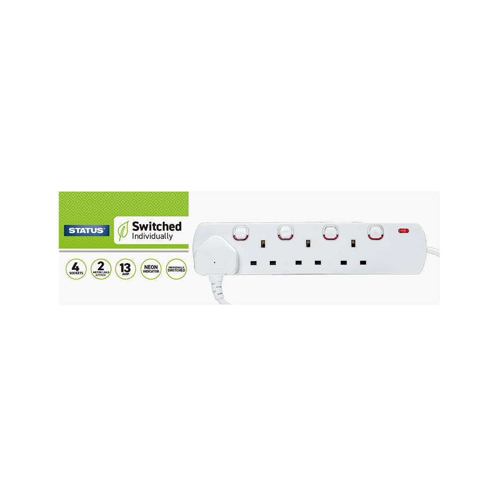 4 way - 2 Mtr - Extension Socket - Individually Switched - White - 4 x Neon Indicator - Plug - 1 pk - in a Box