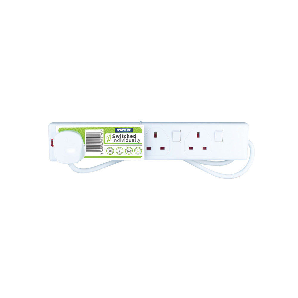 4 way - 2 Mtr - Extension Socket - Individually Switched - White - Neon Indicator - Plug - 1 pk - Card Insert - in Colour CDU