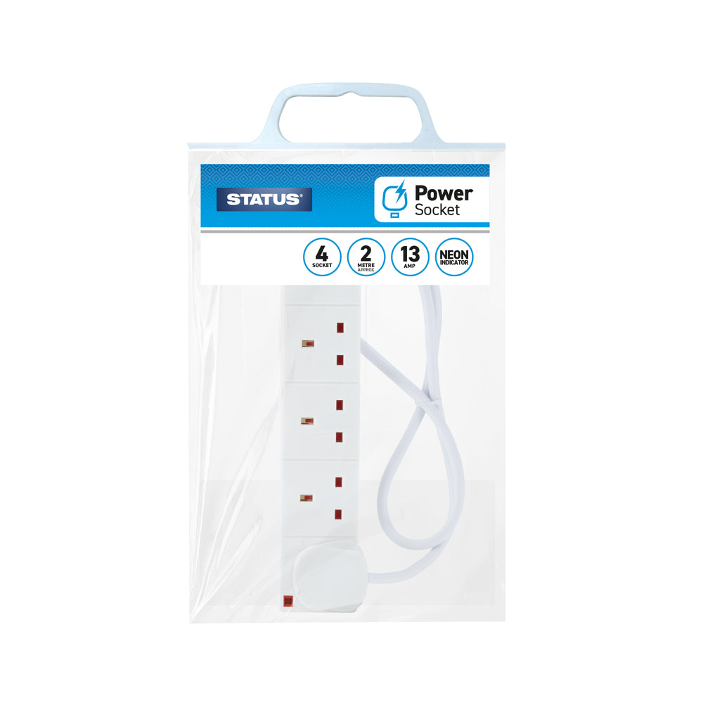 4 way - 2 Mtr - Extension Socket - White - Neon Indicator - Plug - 1 pk - in Poly Bag with Handle