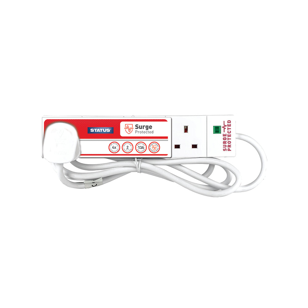 4 way - 2 Mtr - Surge Protected - Extension Socket - White - Plug - 1 pk - Card Insert - in Colour CDU