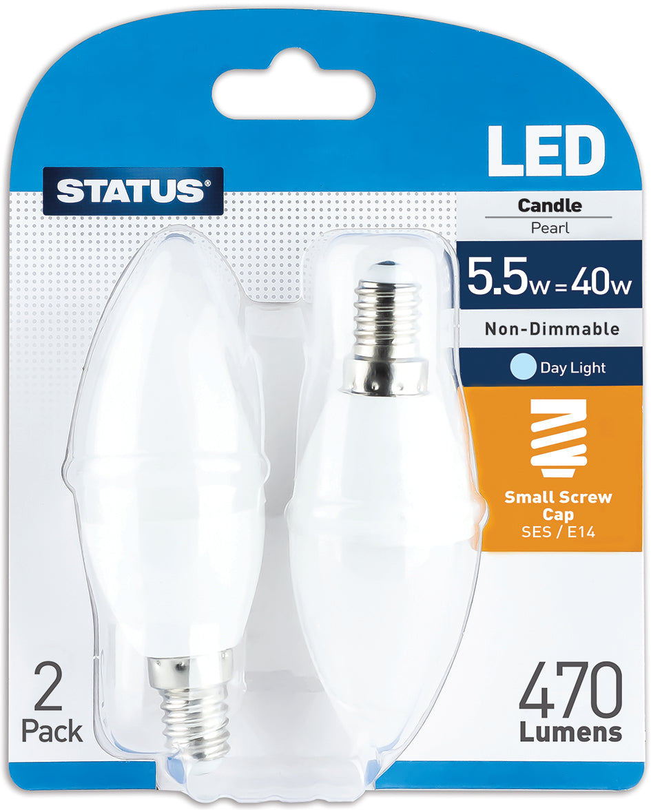 5.5w = 40w - LED - Candle - SES - Pearl - Day Light - 2 pk - in a Trapped Blister