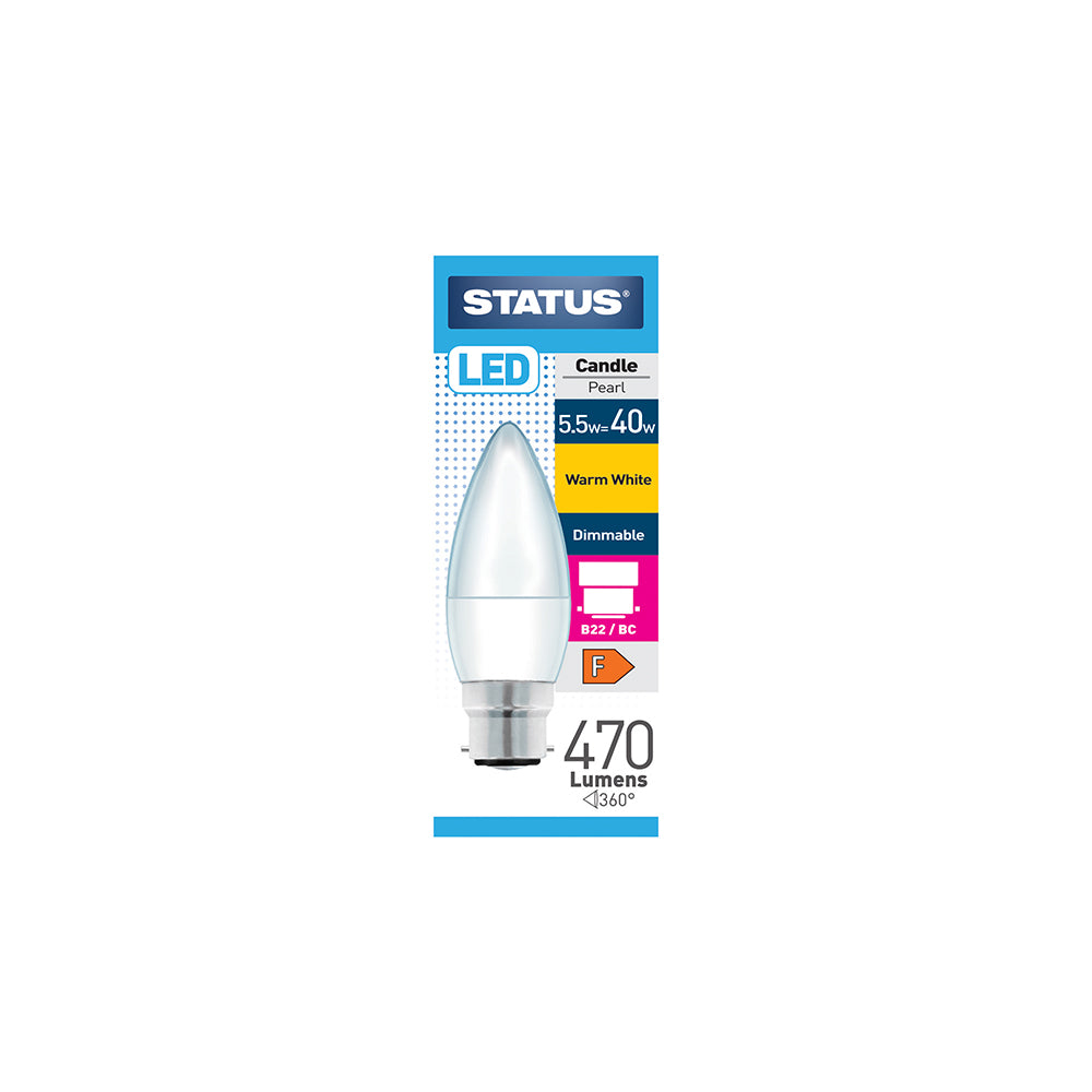 5.5w = 40w = 470 lumens - Dimmable LED - Candle - B22 - PA - Pearl - Warm White - 1 pk box - in White CDU