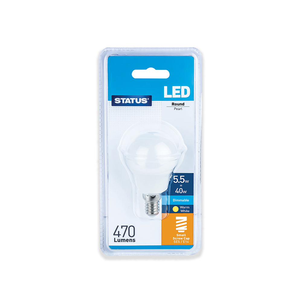 5.5w = 40w = 470 lumens - Dimmable LED - Round - SES - PA - Pearl - Warm White - 1 pk - in a Clam Shell - in White CDU