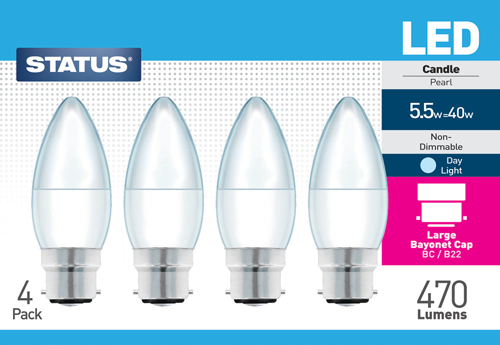 5.5w = 40w = 470 lumens - LED - Candle - BC - PA - Pearl - Day Light- 4 pk box - in White CDU