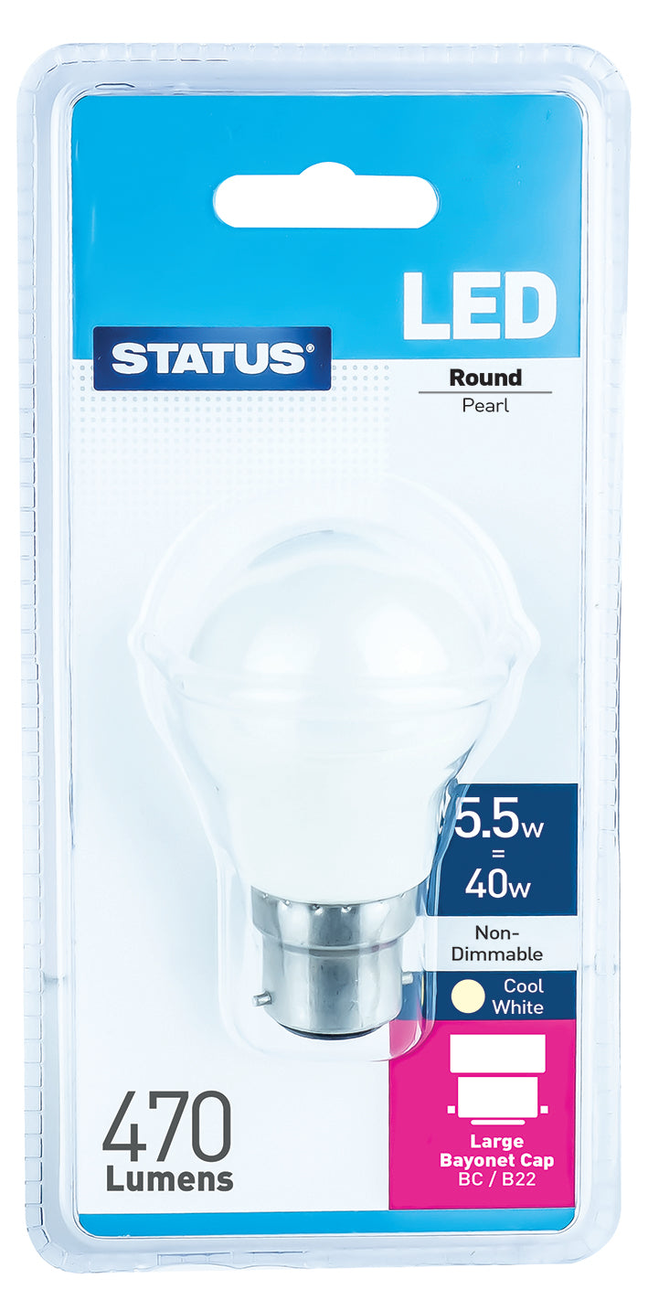 5.5w = 40w = 470 lumens - LED - Round - BC - PA - Pearl - Cool White - 1 pk - in a Clam Shell - in White CDU