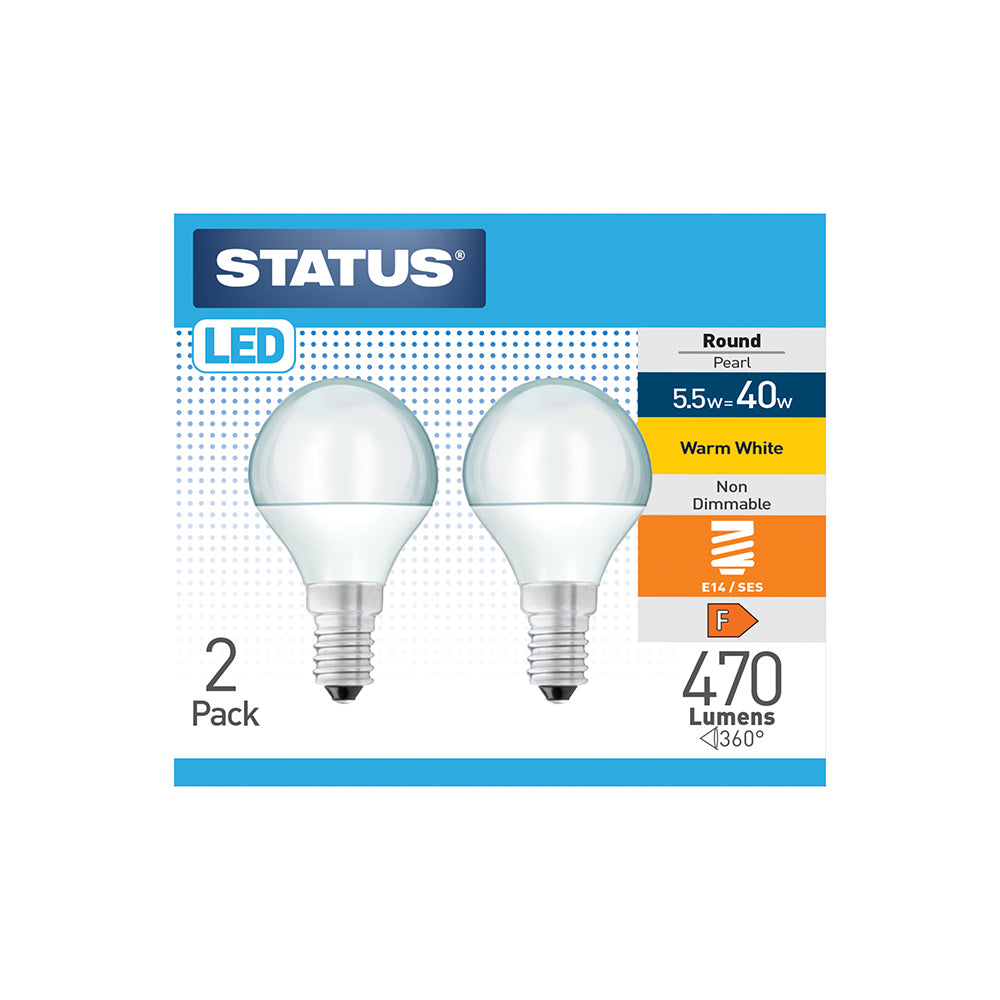 5.5w = 40w = 470 lumens - LED - Round - E14 - PA - Pearl - Warm White - 2 pk box - in White CDU
