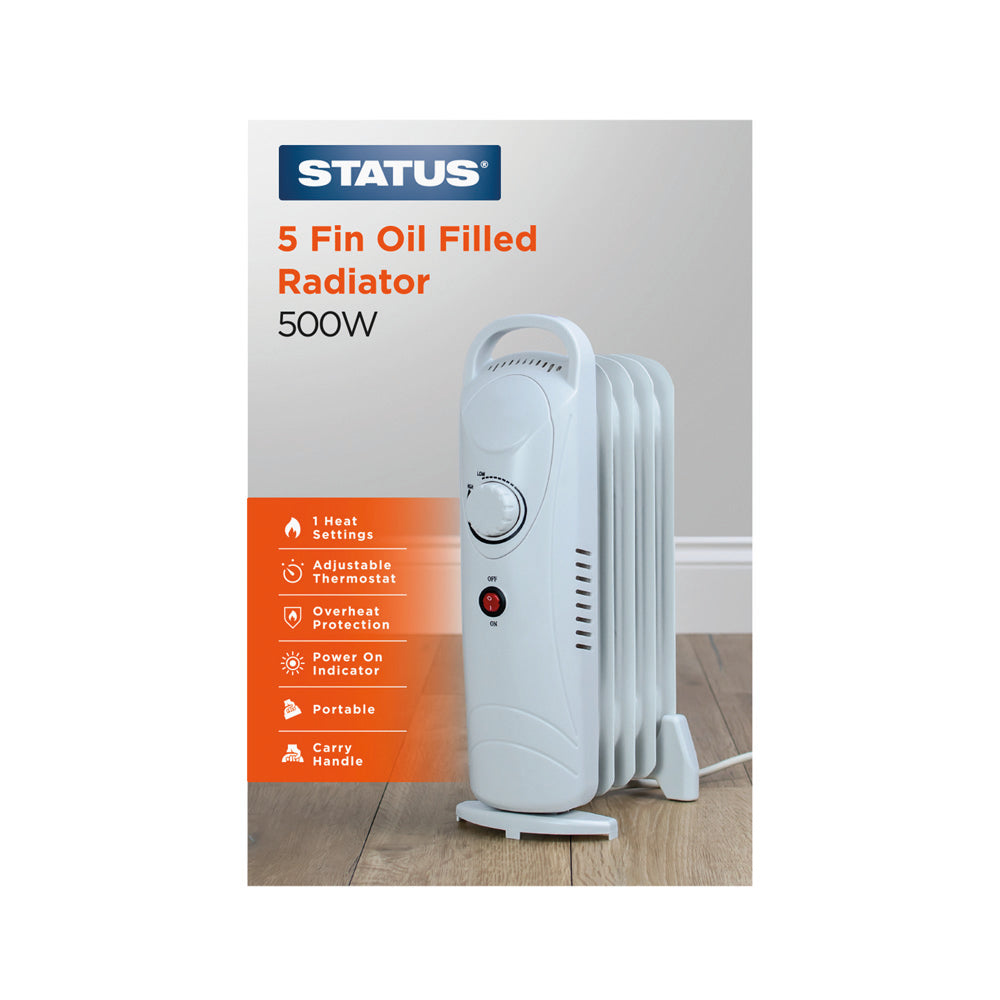 5 Fin - Mini Oil Filled Radiator - 500w - White - 1 Heat Setting - with Adjustable Thermostat - 1 pk - in Glossy Retail Box