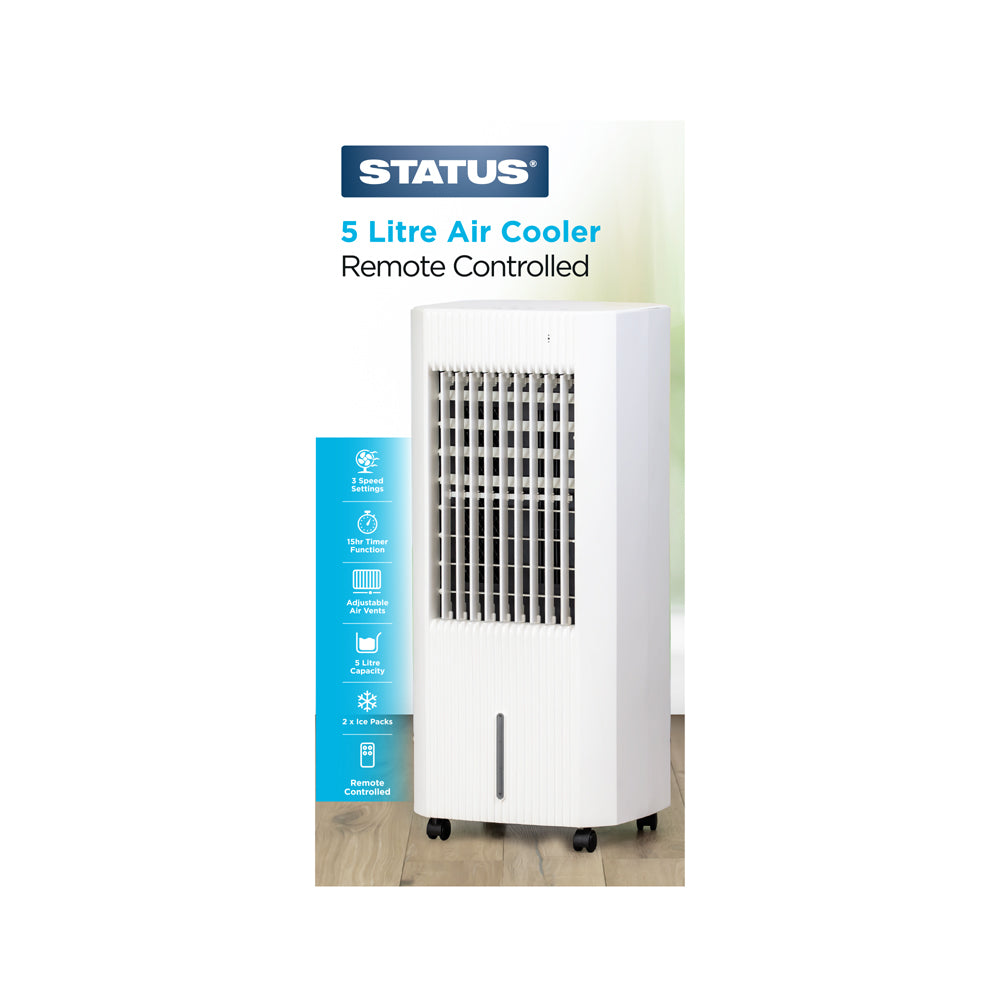 5 Ltr Air Cooler - White - 3 Speed Settings - Remote Control & Timer - 5 Ltr Water Tank - 2 x Ice Packs - 1 pk - in Glossy Retail Box