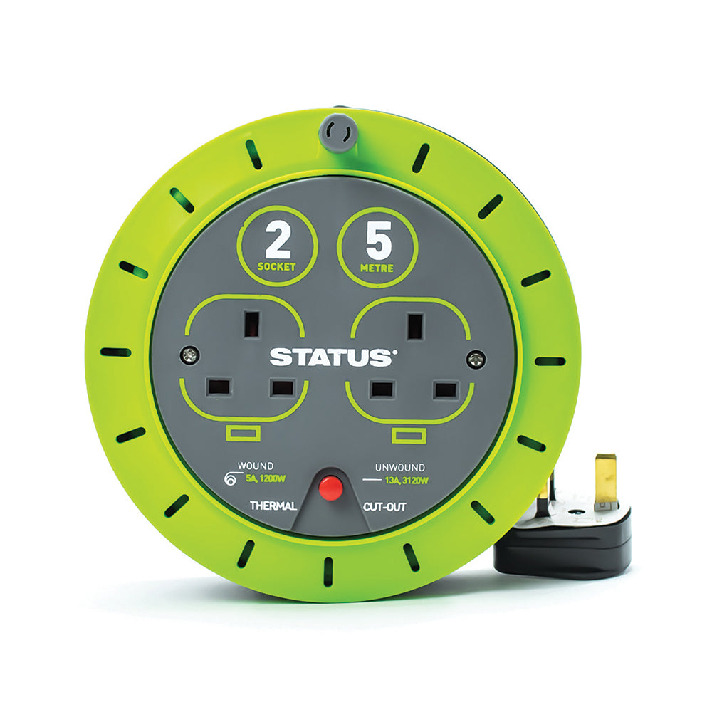 5 Mtr - 13 amp - 2 Socket Outlet with Thermal Cut Out - Green - Cassette Reel - 1 pk - in Colour CDU
