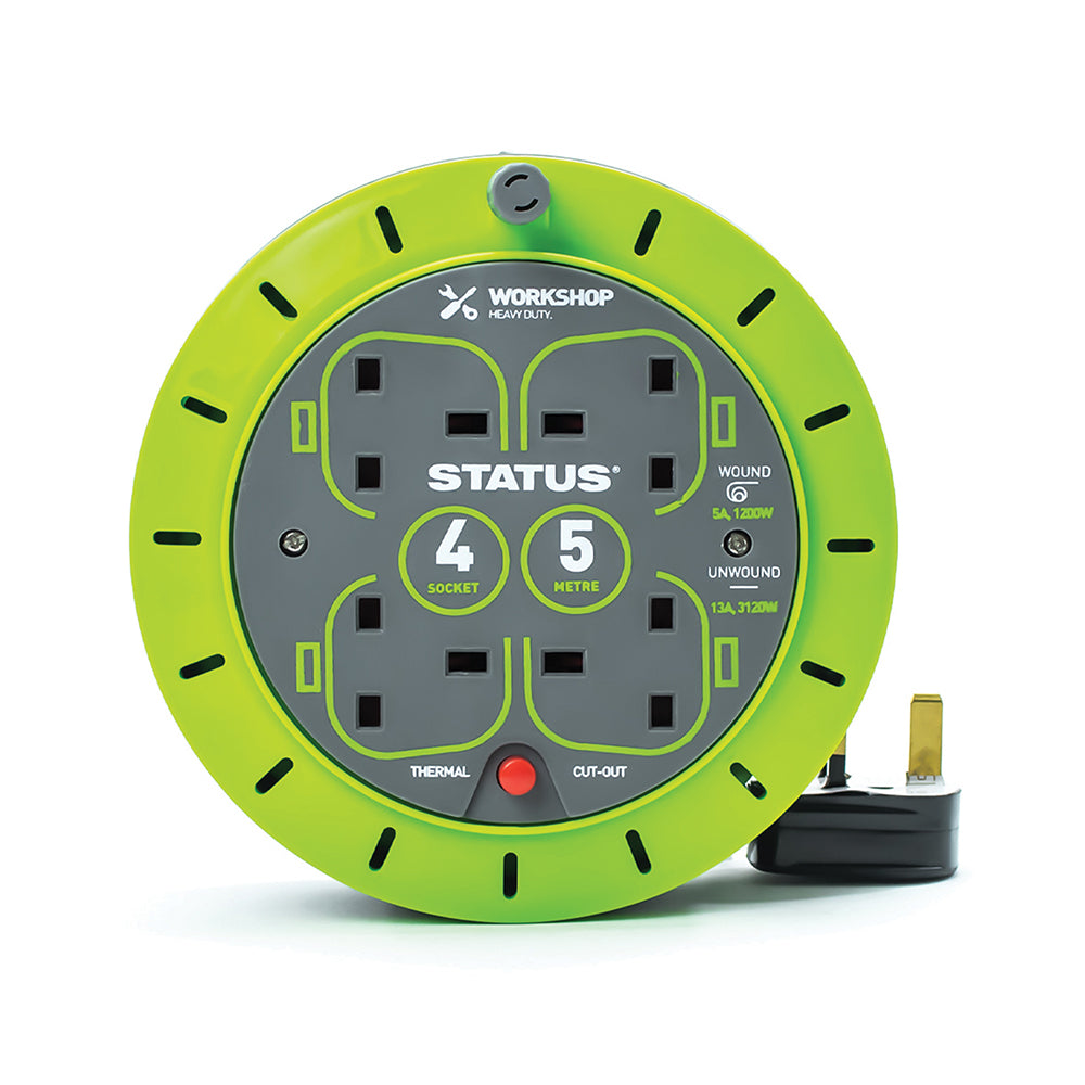5 Mtr - 13 amp - 4 Socket Outlet with Thermal Cut Out - Green - Cassette Reel - 1 pk - in Colour CDU