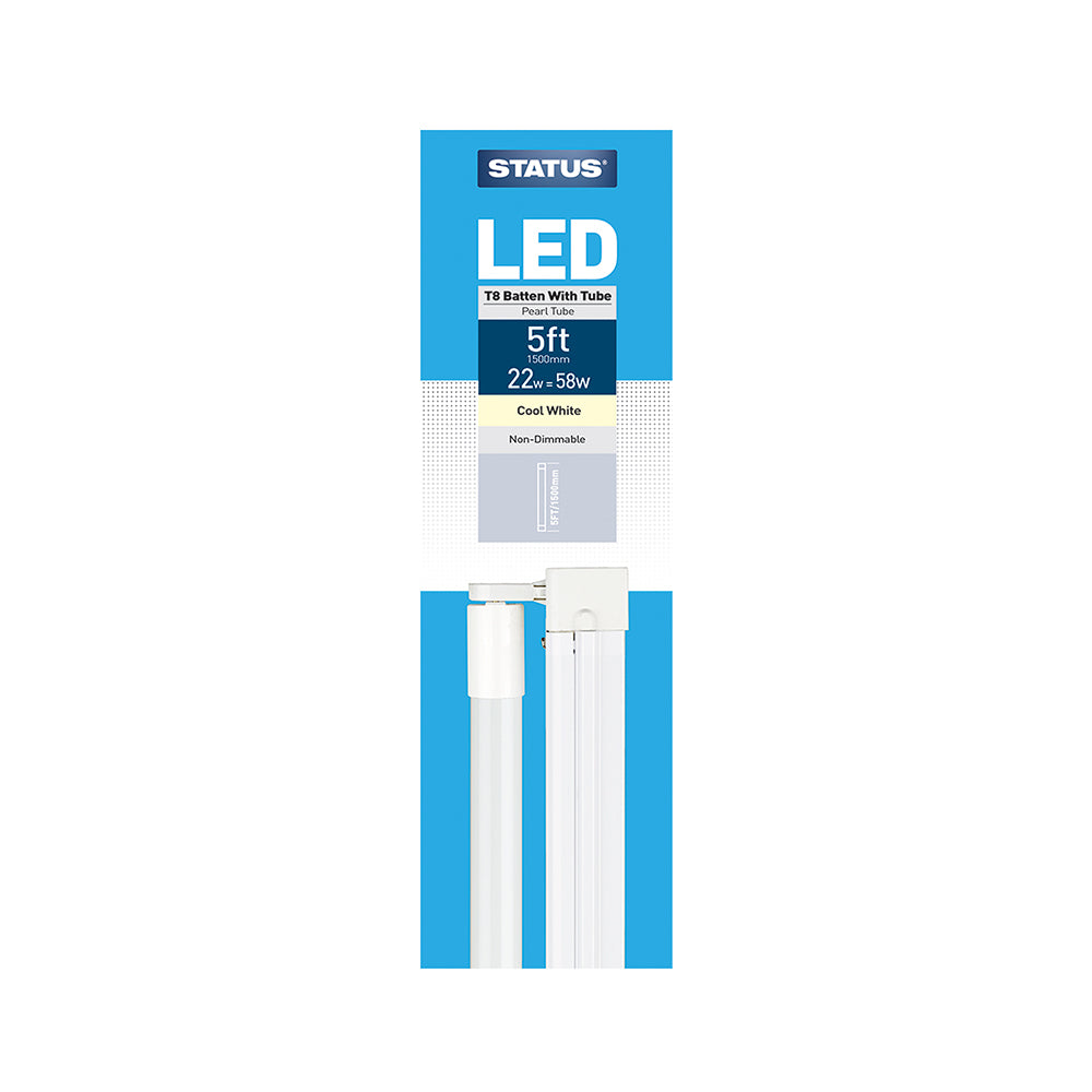 5ft/1500mm - 22w = 1900 lumens - LED - T8 Tube - Batten Fitting - Pearl - Cool White - 1 pk box