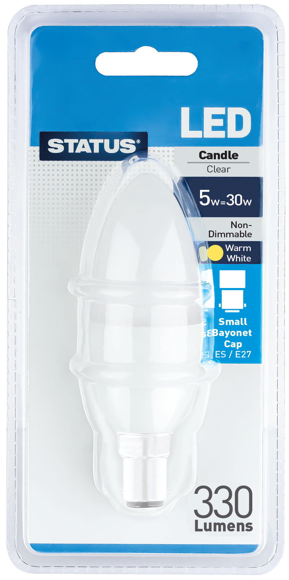 5w = 30w = 330 lumens - LED - Candle - SBC - PA - Clear - Warm White - 1 pk - in a Clam Shell - in White CDU