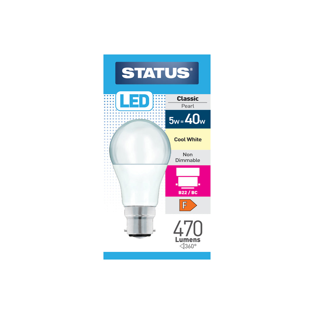 5w = 40w = 470 lumens - LED - A60 GLS - B22 - PA - Pearl - Cool White - 1 pk box - in White CDU