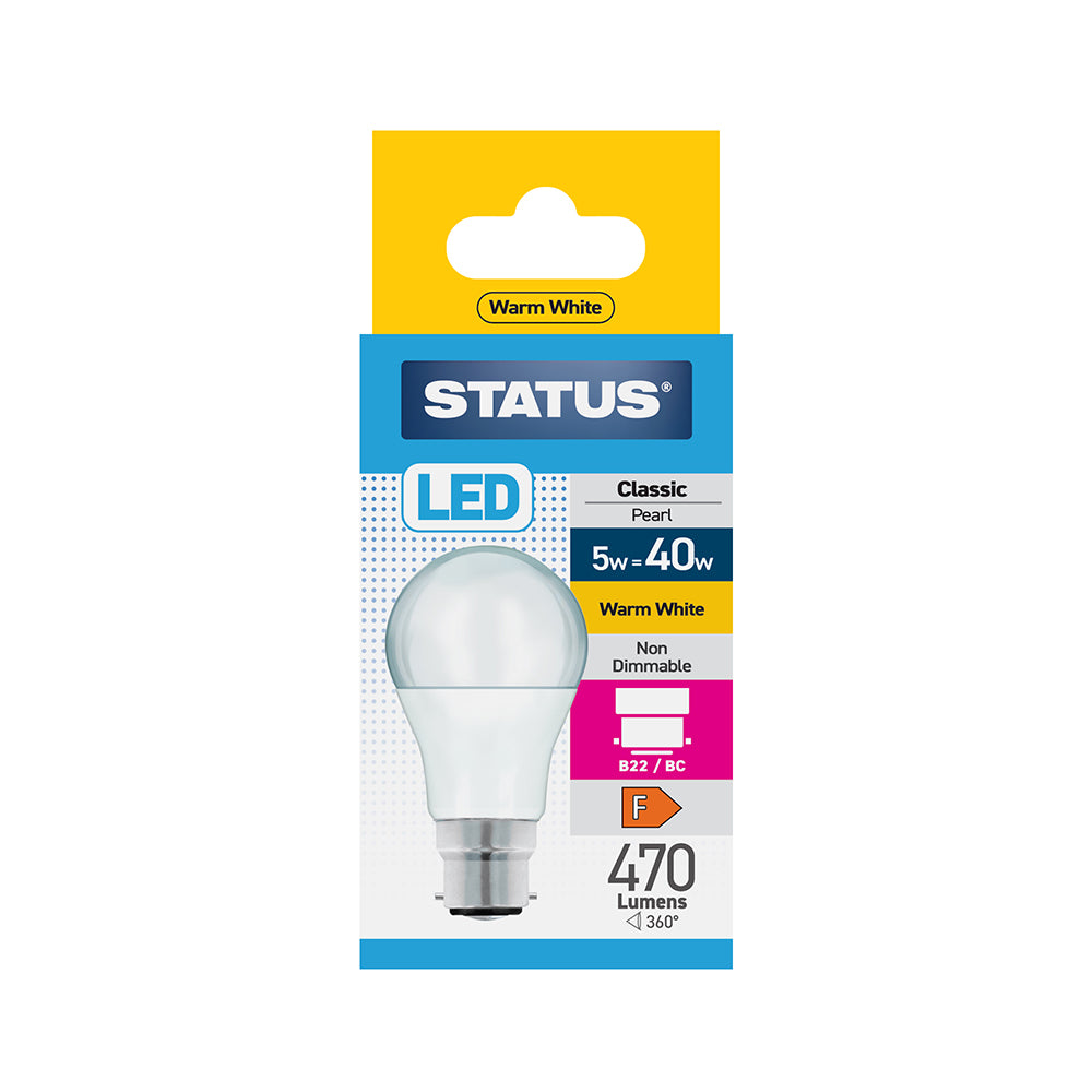 5w = 40w = 470 lumens - LED - A60 GLS - B22 - PA - Pearl - Warm White - 1 pk box - in White CDU