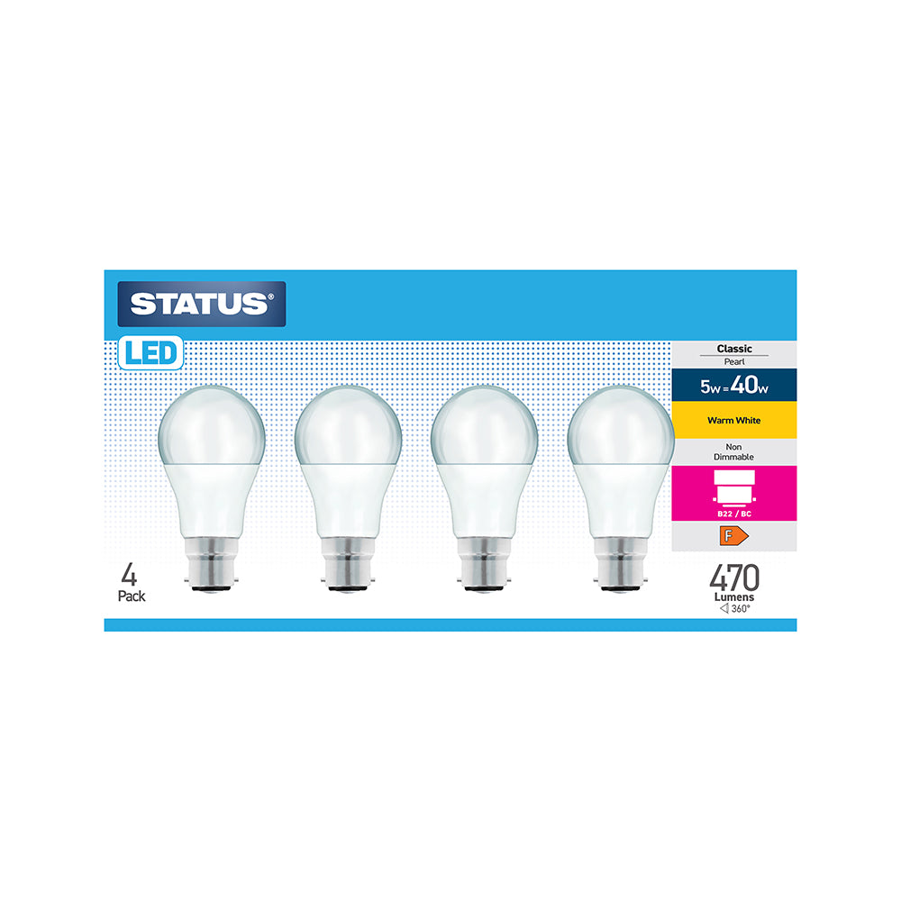 5w = 40w = 470 lumens - LED - A60 GLS - B22 - PA - Pearl - Warm White - 4 pk box - in Brown Box