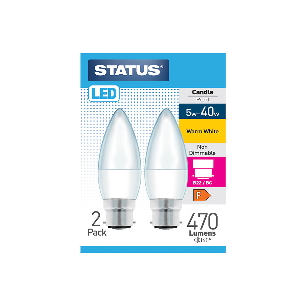 5w = 40w = 470 lumens - LED - Candle - B22 - PA - Pearl - Warm White - 2 pk box - in White CDU