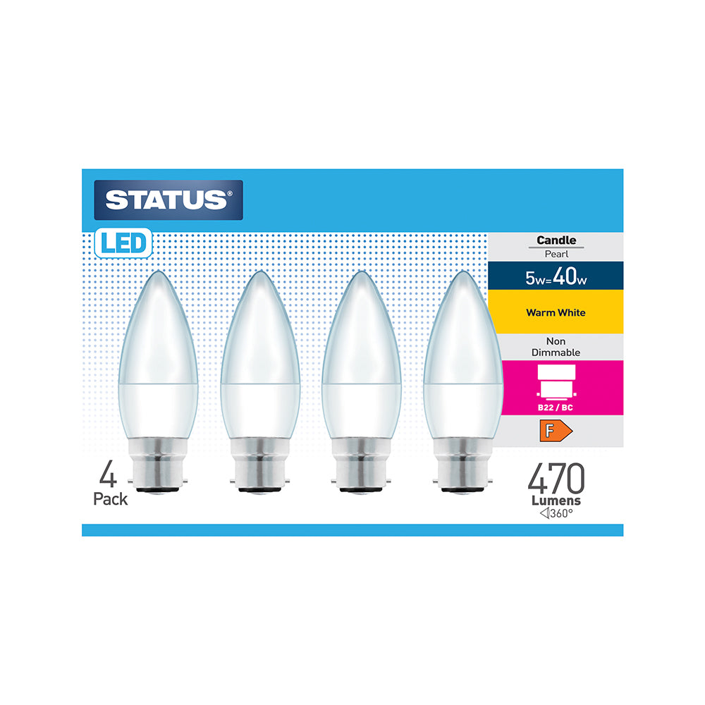 5w = 40w = 470 lumens - LED - Candle - B22 - PA - Pearl - Warm White - 4 pk box - in Brown Box
