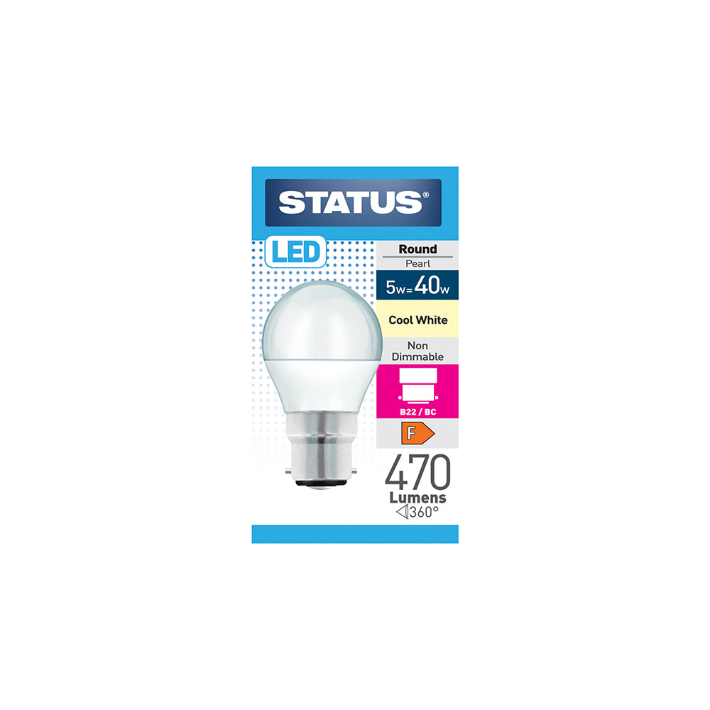 5w = 40w = 470 lumens - LED - Round - B22 - PA - Pearl - Cool White - 1 pk box - in White CDU