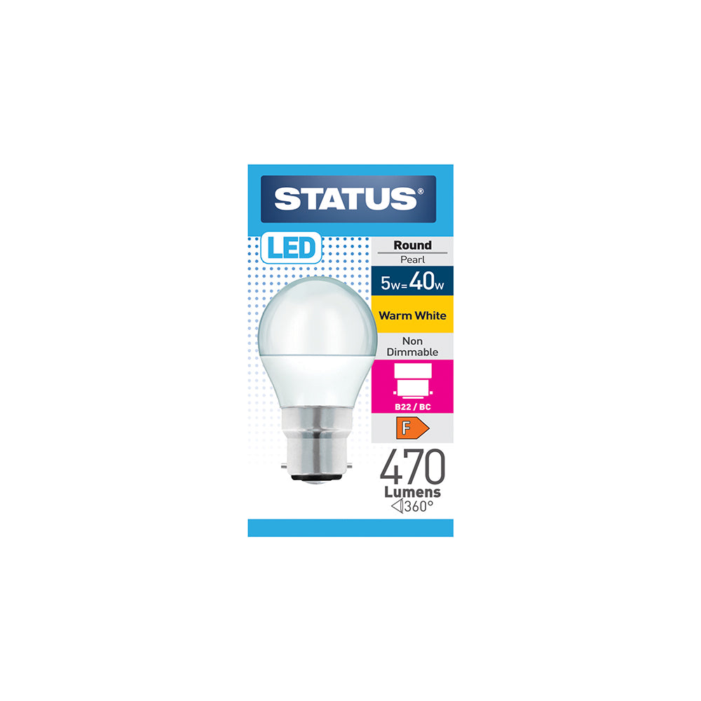 5w = 40w = 470 lumens - LED - Round - B22 - PA - Pearl - Warm White - 1 pk box - in White CDU
