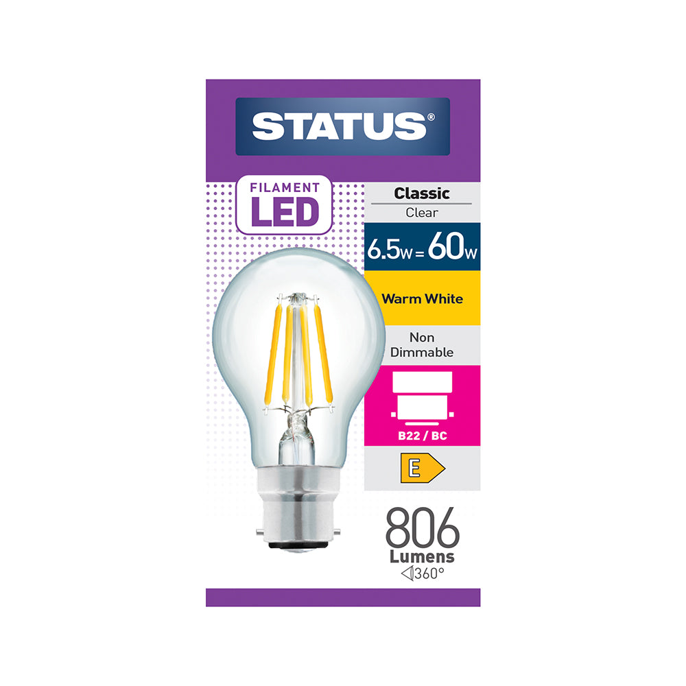 6.5 = 60w = 806 lumens - Filament LED - A60 GLS - BC - Clear - Warm White - 1 pk box - in White CDU