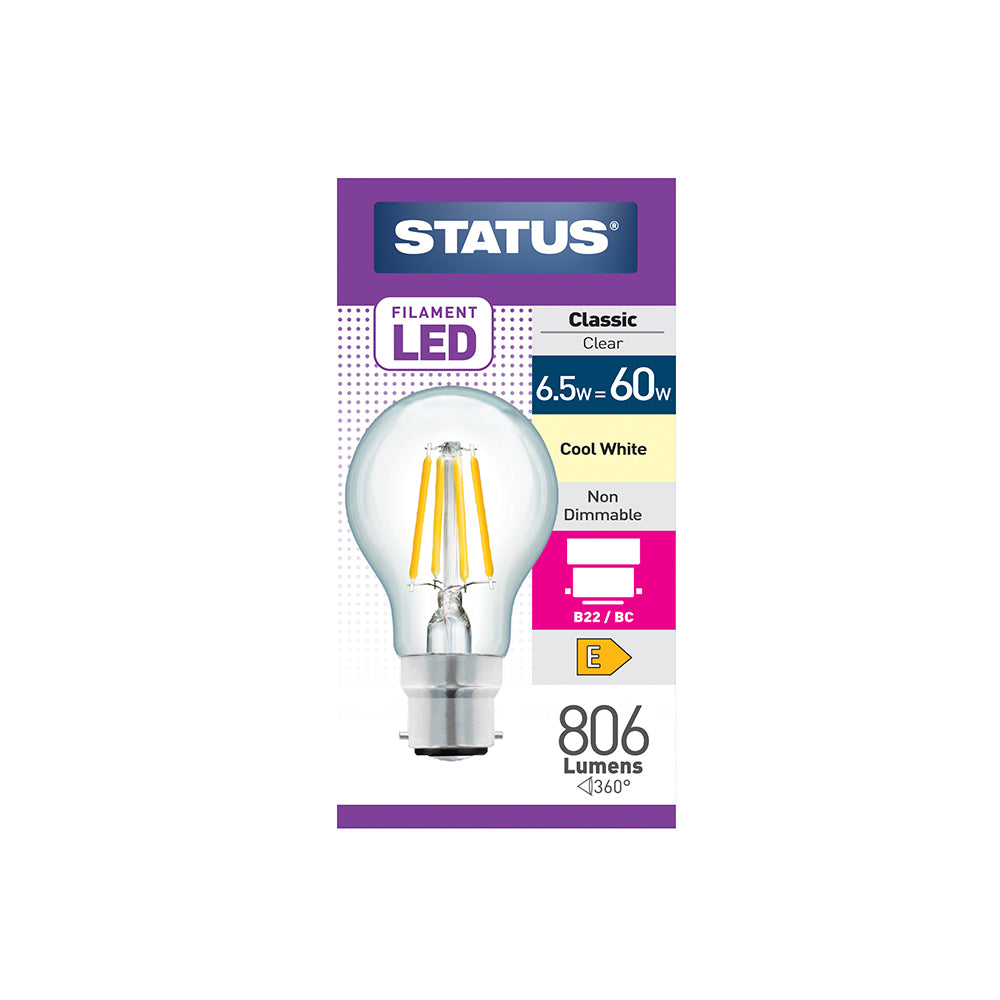 6.5w = 60w = 806 lumens - Filament LED - A55 GLS - BC - Clear - Cool White - 1 pk box - in White CDU