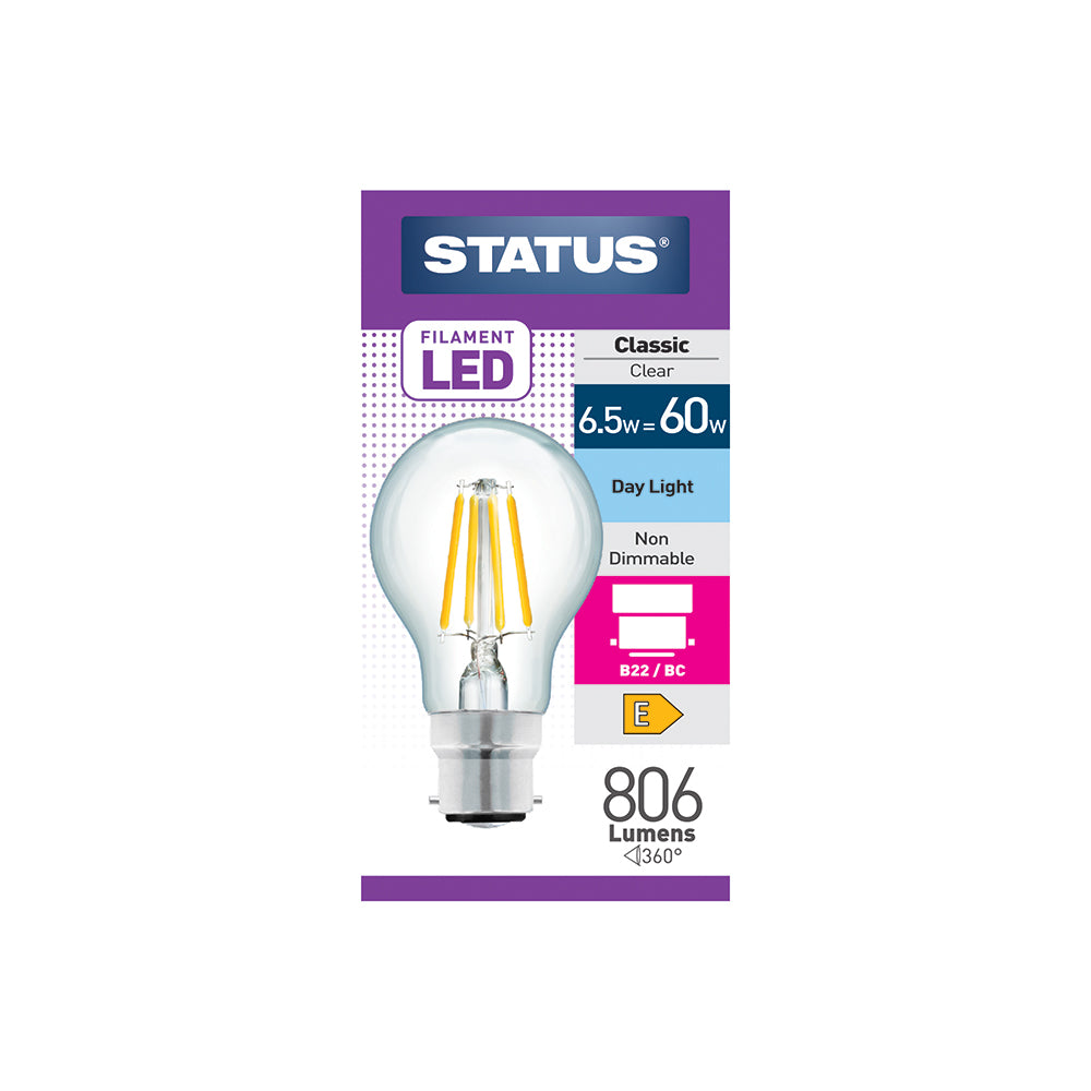 6.5w = 60w = 806 lumens - Filament LED - A55 GLS - BC - Clear - Day Light - 1 pk box - in White CDU