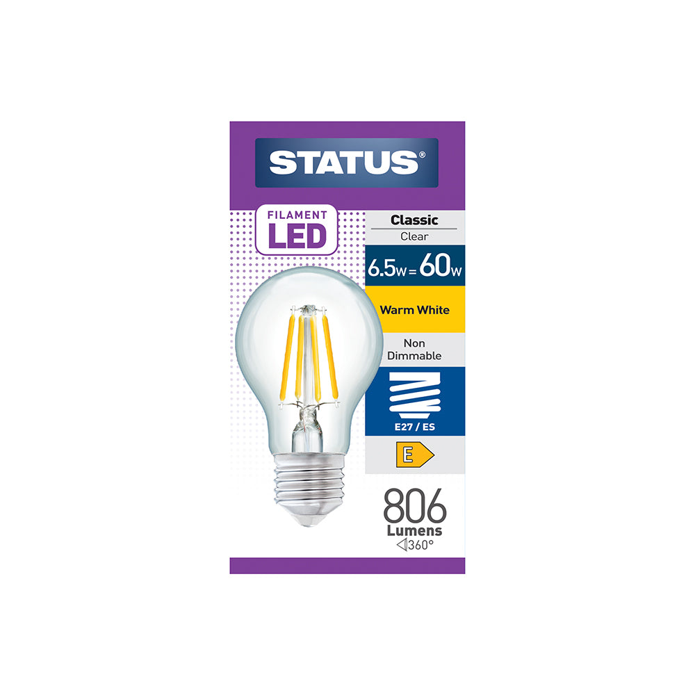 6.5w = 60w = 806 lumens - Filament LED - A60 GLS - ES - Clear - Warm White - 1 pk box - in White CDU