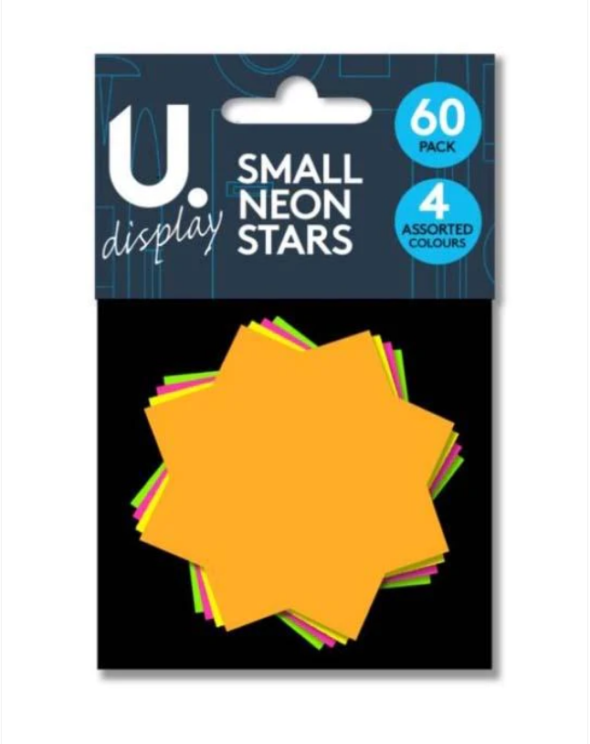 60 Pack Small Neon Stars School College Display Neon Stars 4 Assorted Colours