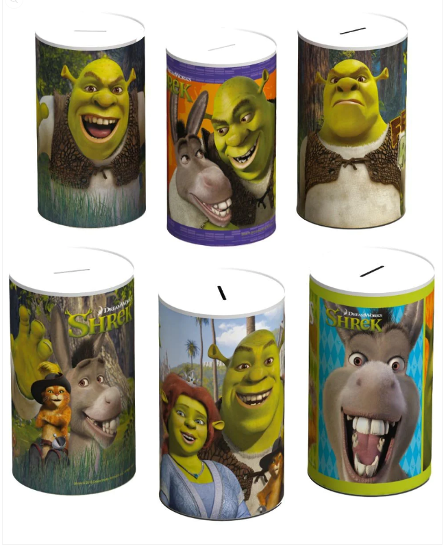 6 Assorted Style Shrek Money Tin Random Sent 145mm x 110mm