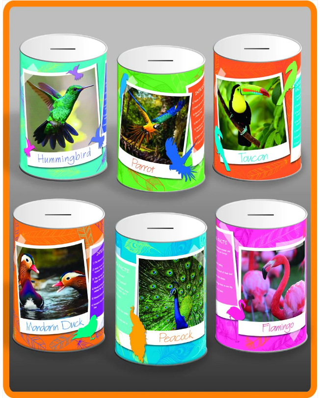 6 Assorted Styles Exotic Birds Money Tin 145mm x 110mm
