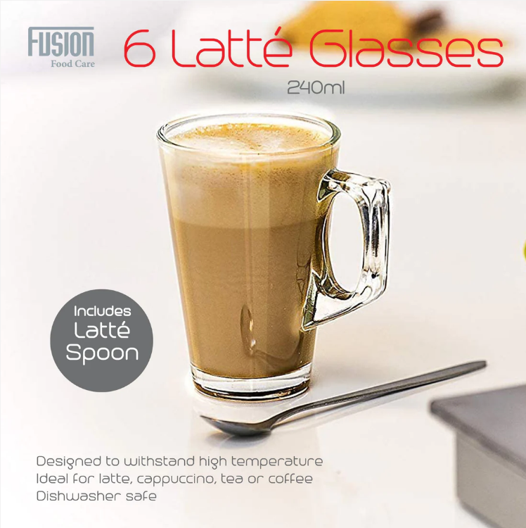 6 Pack Latte Glasses 240ml With Latte Spoon