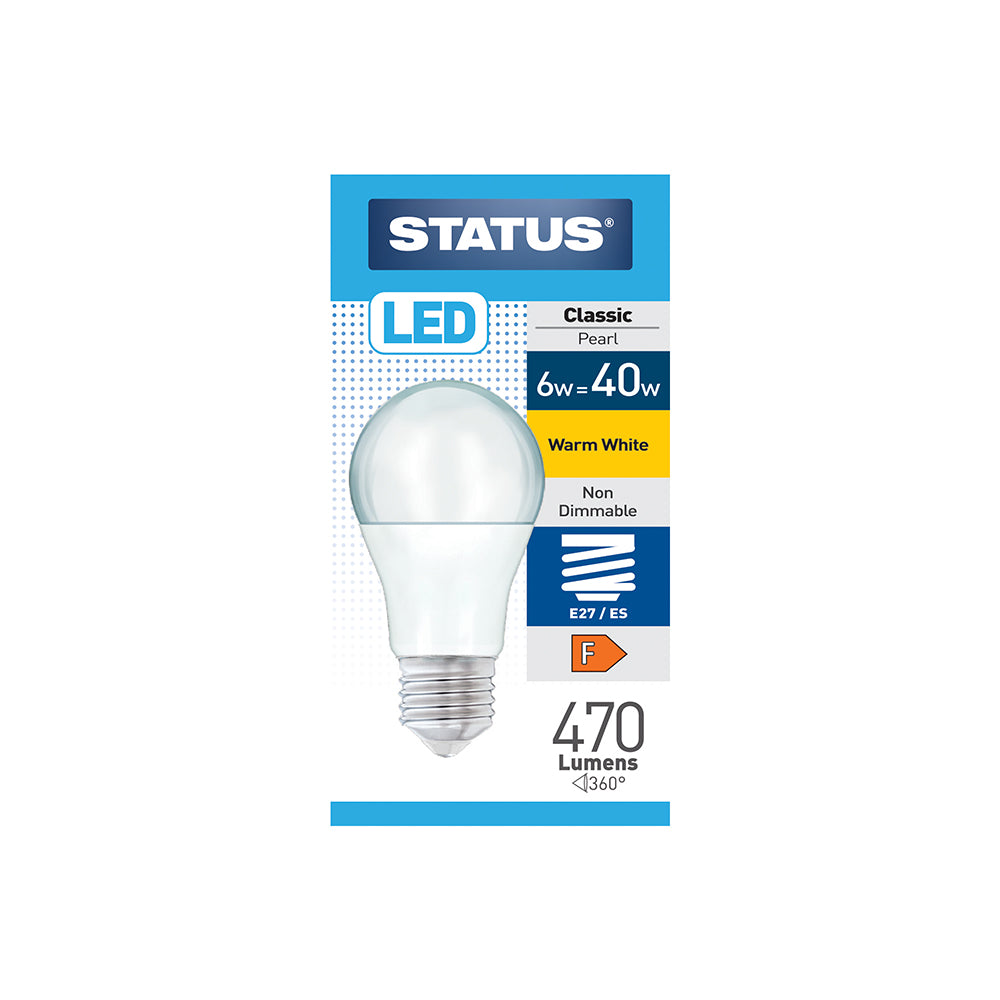 6w = 40w = 470 lumens - LED - A60 GLS - E27 - PA - Pearl - Warm White - 1 pk box - in White CDU