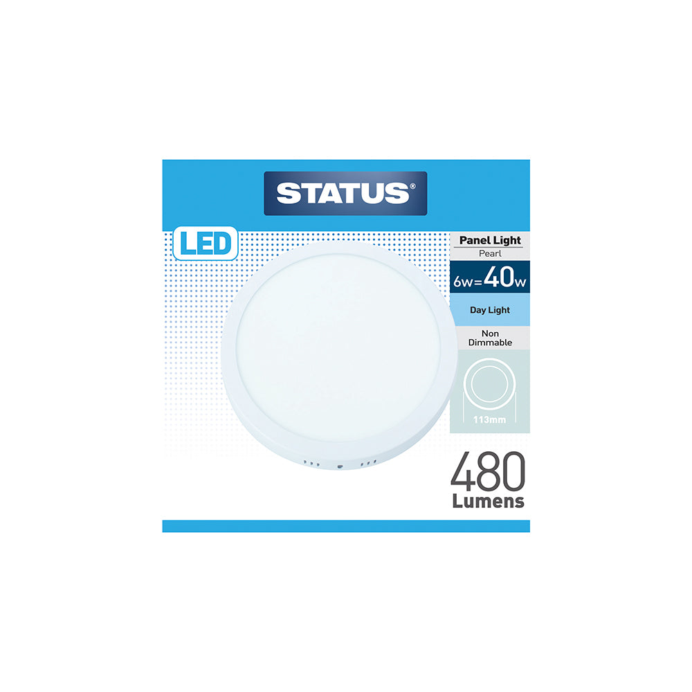 6w = 480 lumens - Surface Mount Round Panel Light - Day Light - LED - 113mm - Pearl - 1 pk box