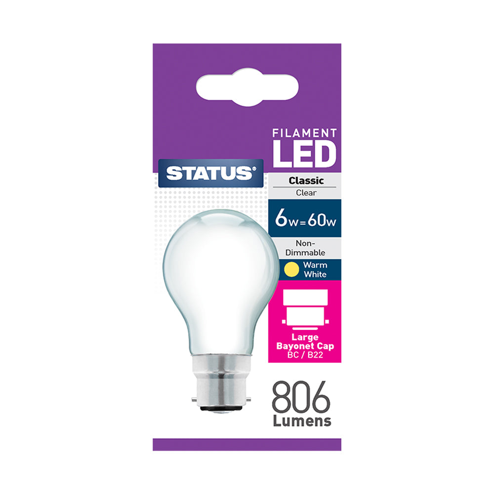 6w = 60w = 806 lumens - Filament LED - A60 GLS - BC - Pearl - Warm White - 1 pk box - in White CDU