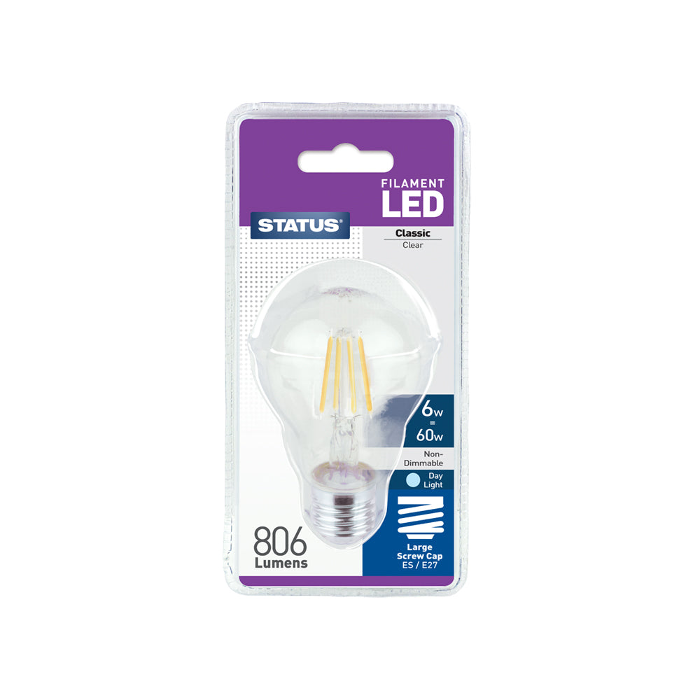 6w = 60w = 806 lumens - Filament LED - A60 GLS - ES - Clear - Day Light - 1 pk - in a Clam Shell