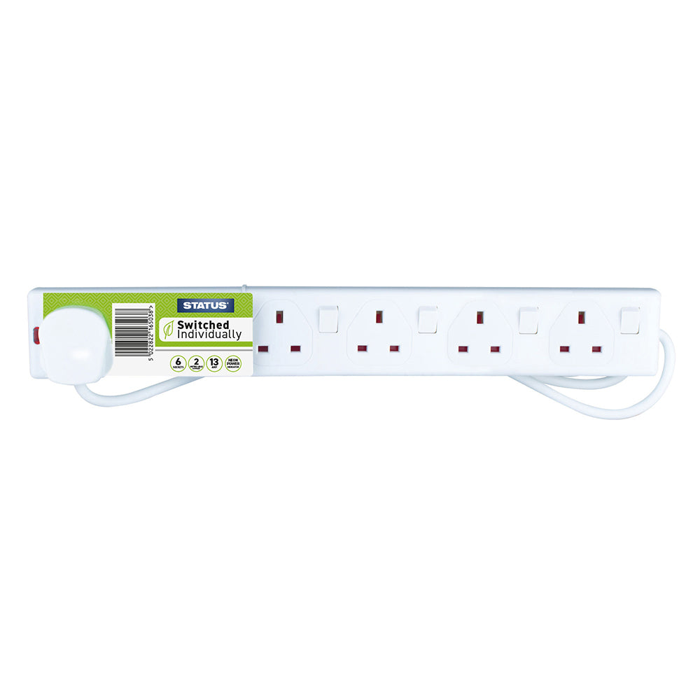 6 way - 2 Mtr - Extension Socket - Individually Switched- White - Neon Indicator - Plug - 1 pk - Card Insert - in Colour CDU