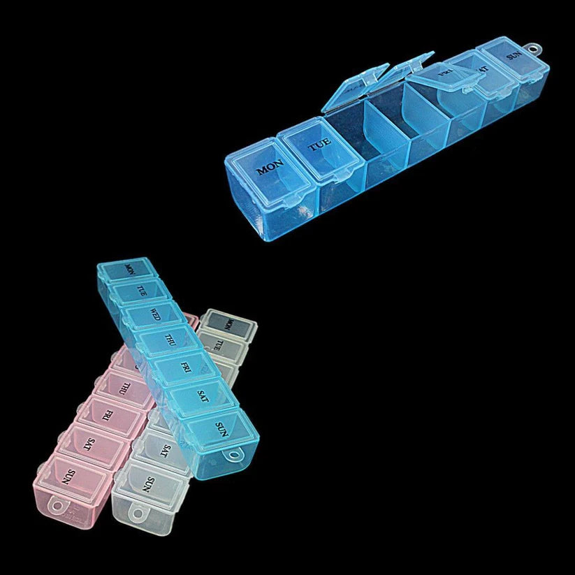 7 Day Pill Box Plastic Tablet Weekly Organiser Dispenser 3 Colours Blue/White/Pink (24 Pcs )