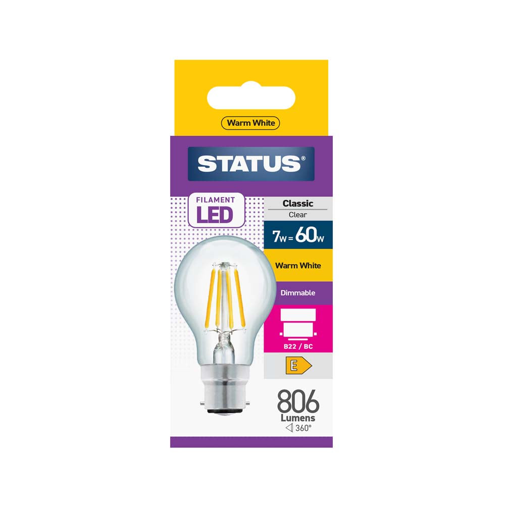 7w = 60w = 806 lumens - Dimmable - Filament LED - GLS - BC - Clear - Warm White - 1 pk box - in White CDU
