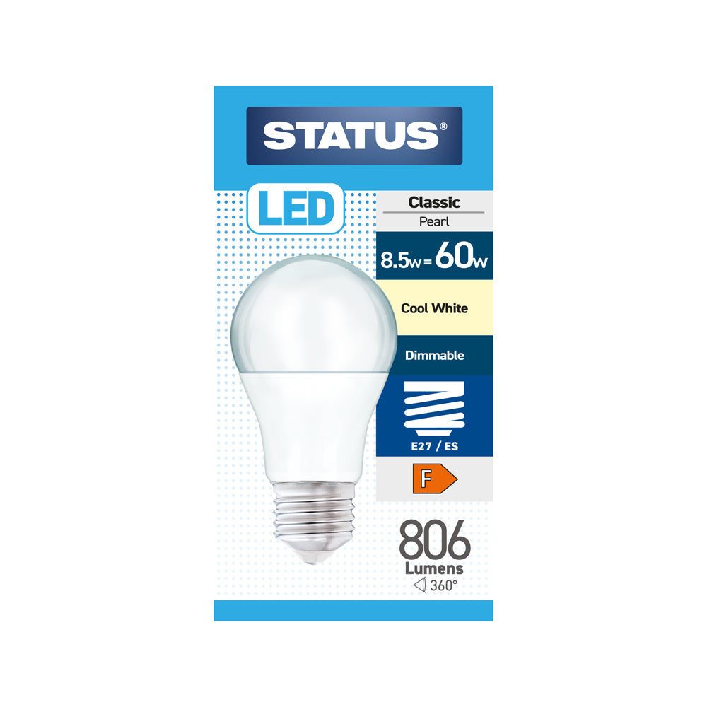 8.5w = 60w = 806 lumens - Dimmable LED - GLS - E27 - PA - Pearl - Cool White - 1 pk box - in White CDU