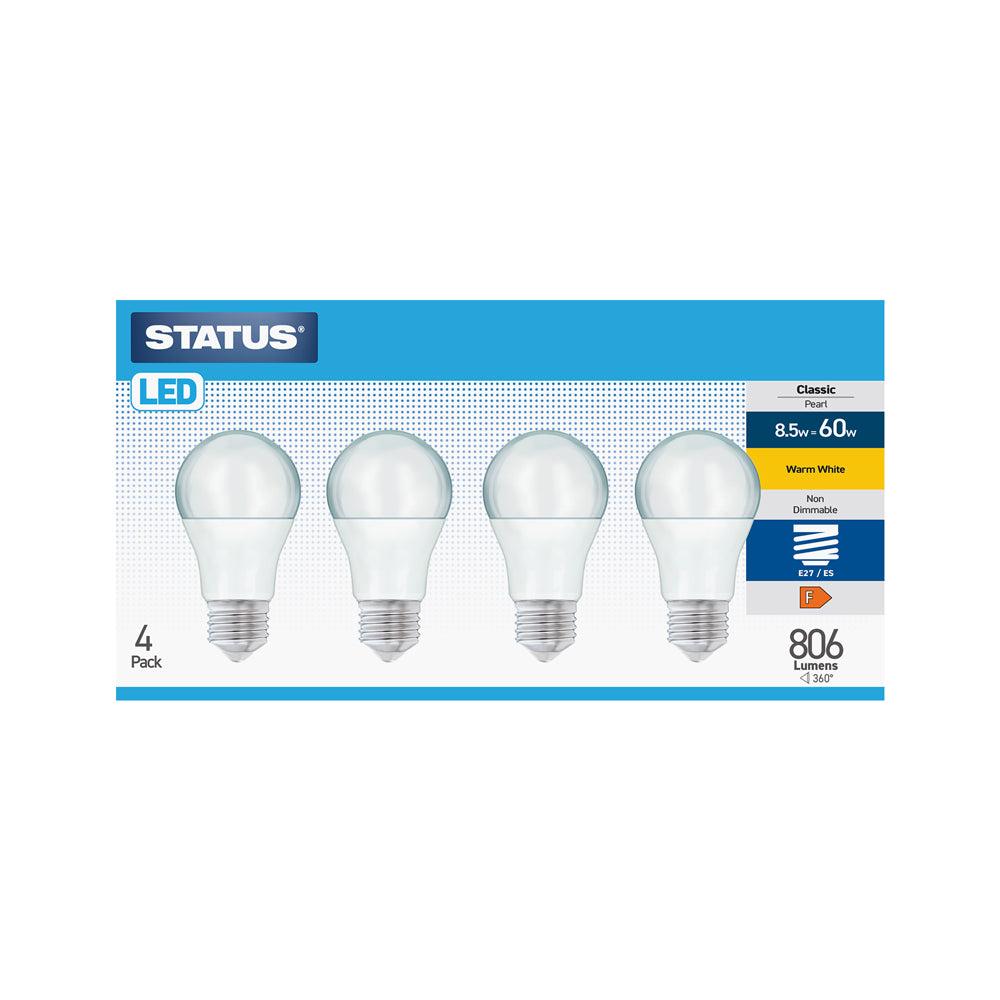 8.5w = 60w = 806 lumens - LED - A60 GLS - E27 - PA - Pearl - Warm White - 4 pk box - in Brown Box