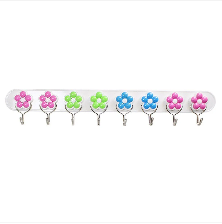 8 Multi Colour Flower Hooks High Strength Adhesive Hook Plastic 43cm Home