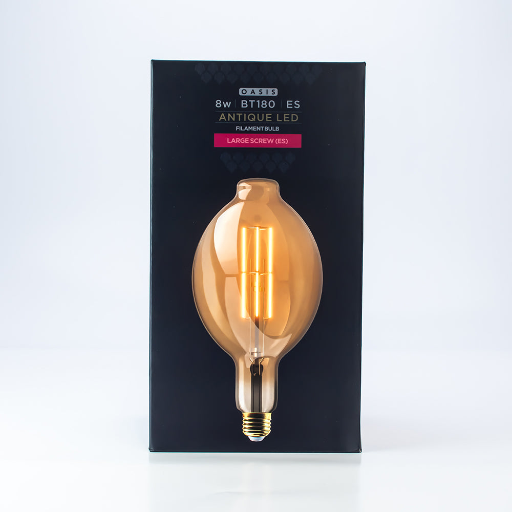 8w = 800 lumens - Oasis - Antique - BT180 - ES - Amber - LED Filament - 1 pk box