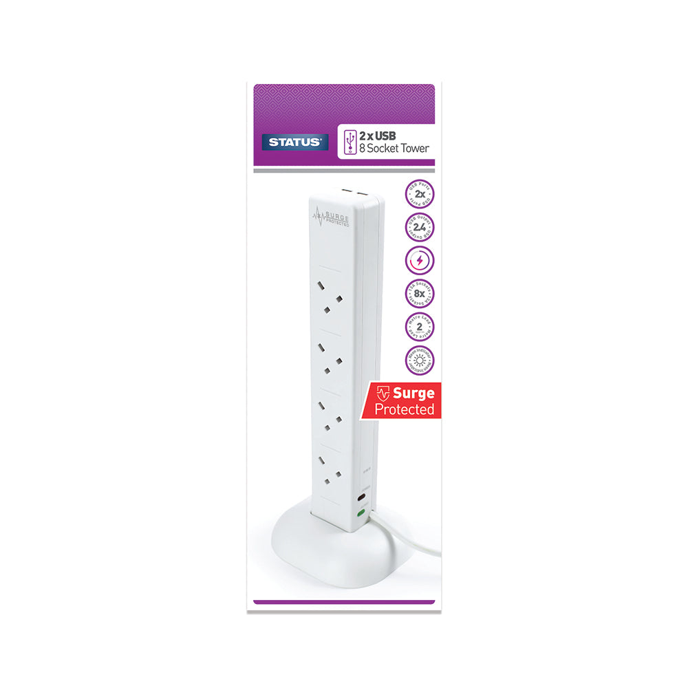 8 way - 2 Mtr - Surge Protected - 2 x USB - Tower Extension Socket - White - Neon Indicator - Plug - 1 pk - in Full Colour Retail Box