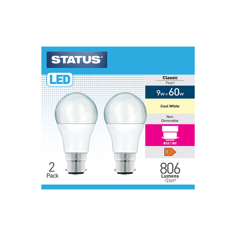 9w = 60w = 806 lumens - LED - A60 GLS - B22 - PA - Pearl - Cool White - 2 pk box - in White CDU
