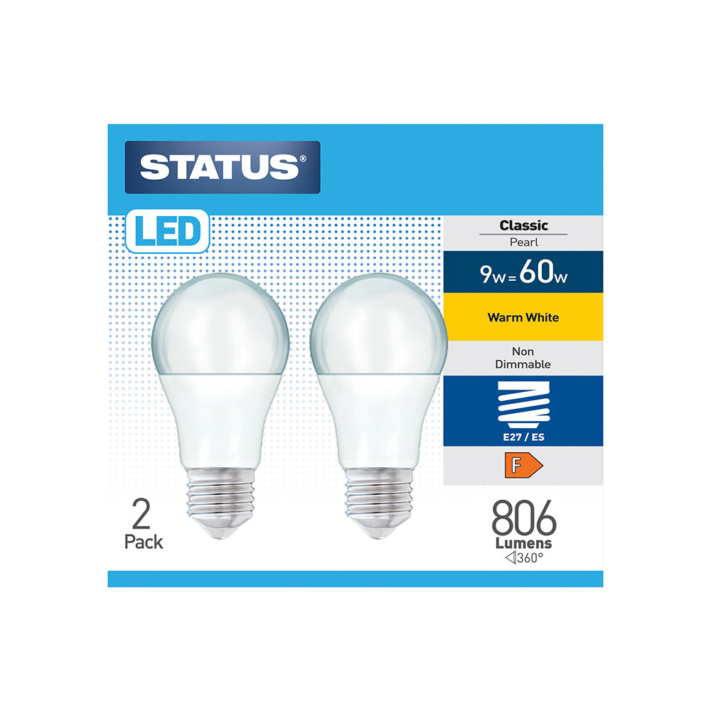 9w = 60w = 806 lumens - LED - A60 GLS - E27 - PA - Pearl - Warm White - 2 pk box - in White CDU