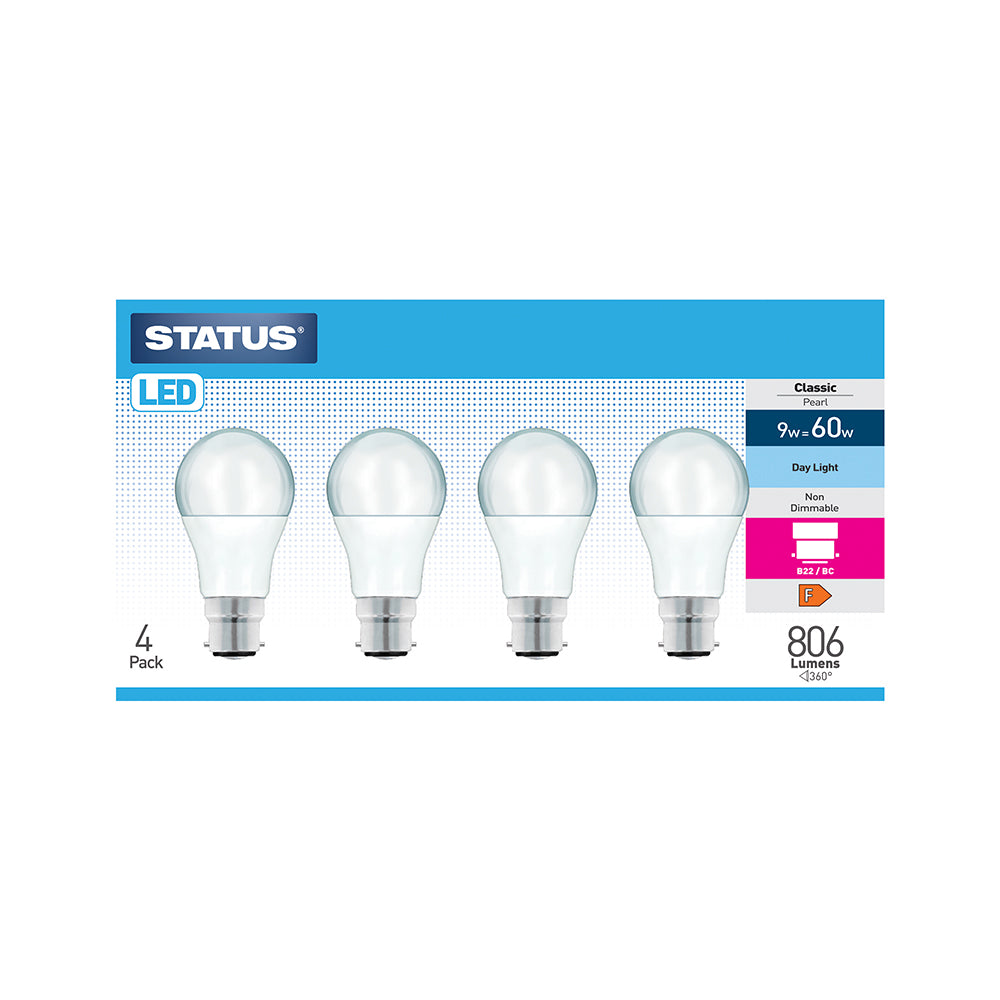 9w = 60w = 806 lumens - LED - GLS - B22 - PA - Pearl - Day Light - 4 pk box - in Brown Box