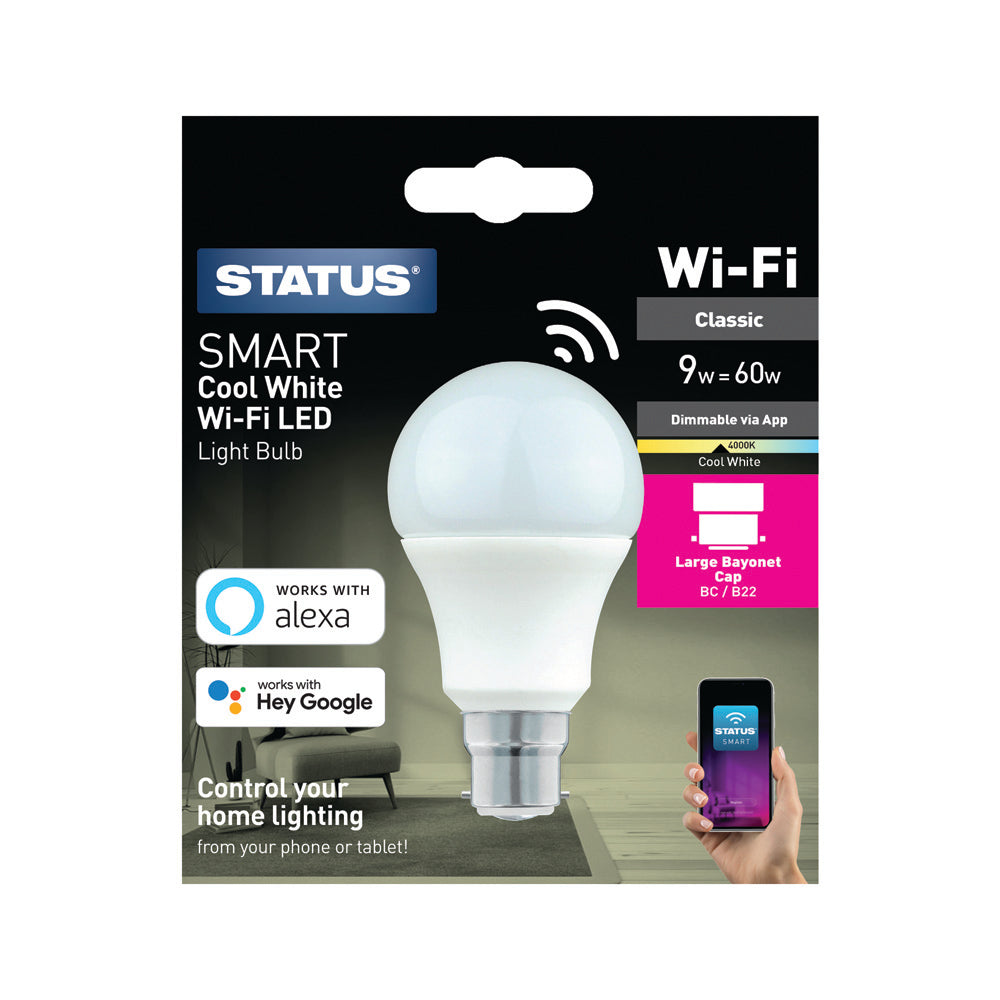 9w = 60w = 806 lumens - Smart - A60 GLS - B22 - PA - Pearl - CW - ON OFF DIM - 1 pk box